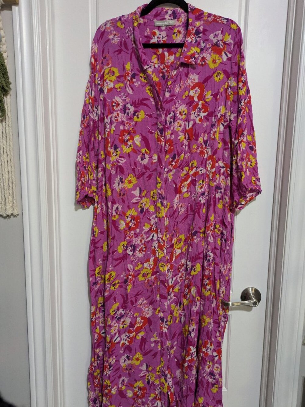 Woman Within Maxi Full Button Up 3/4 Sleeve Pink Floral Plus Sized Dress (24W)
